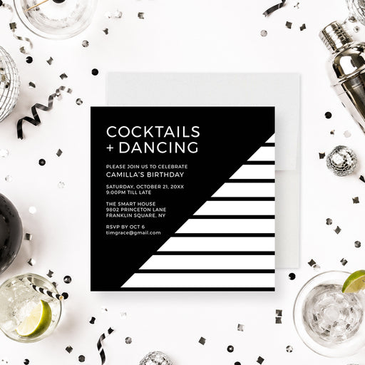 black and white cocktails and dancing birthday invitation digital template with modern geometric design for an adult birthday party