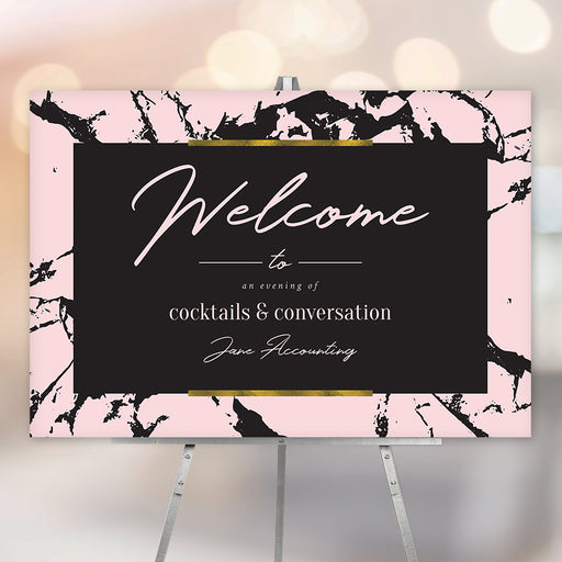 business cocktail party welcome sign with pink and black marble design for a corporate event or networking party