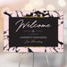 business cocktail party welcome sign with pink and black marble design for a corporate event or networking party