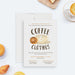 Coffee morning clothing swap digital invitation featuring coffee cup and bagel illustration