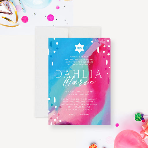 Colorful Bat Mitzvah invitation featuring an artistic painterly background, an elegant Star of David, and customizable event details.-front