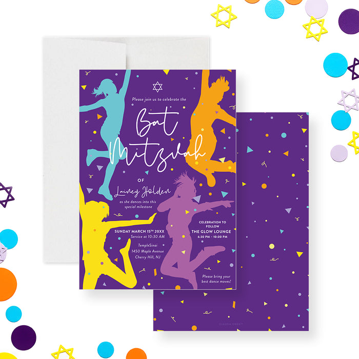 Bat Mitzvah invitation featuring vibrant dancing girl silhouettes, confetti, and Star of David on a purple background.-front-back