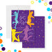 Bat Mitzvah invitation featuring vibrant dancing girl silhouettes, confetti, and Star of David on a purple background.-front-back