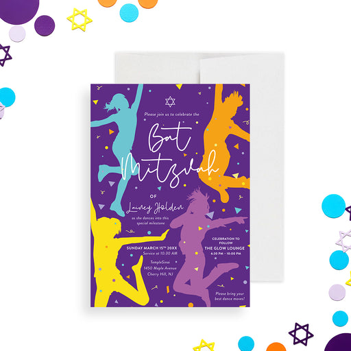Bat Mitzvah invitation featuring vibrant dancing girl silhouettes, confetti, and Star of David on a purple background.-front