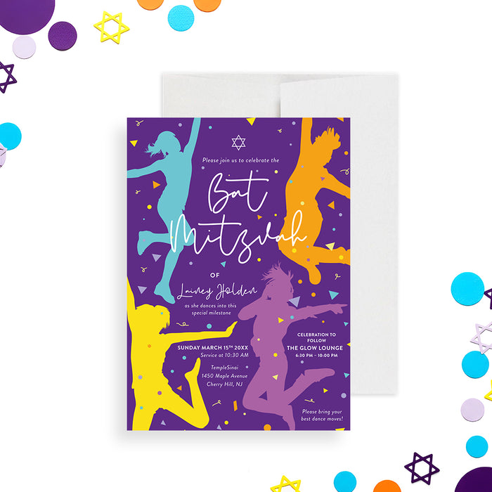 Bat Mitzvah invitation featuring vibrant dancing girl silhouettes, confetti, and Star of David on a purple background.-front