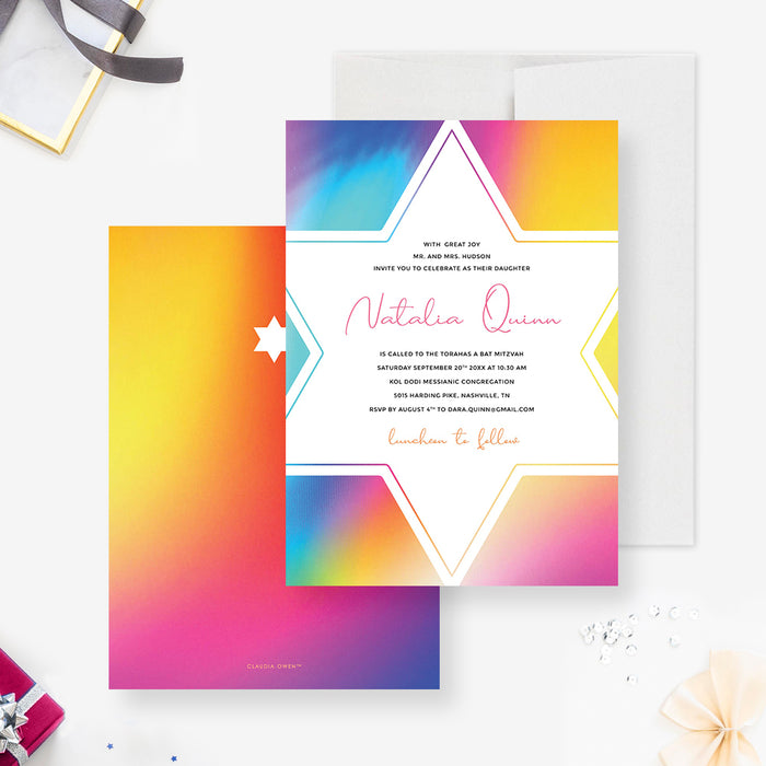 Colorful Bat Mitzvah invitation featuring vibrant shades of yellow, blue, pink, purple, red, and orange with a Star of David frame-front-back