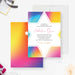 Colorful Bat Mitzvah invitation featuring vibrant shades of yellow, blue, pink, purple, red, and orange with a Star of David frame-front-back