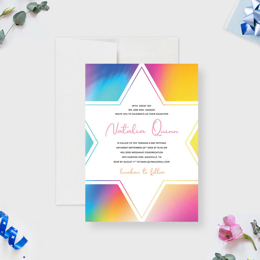 Colorful Bat Mitzvah invitation featuring vibrant shades of yellow, blue, pink, purple, red, and orange with a Star of David frame-front