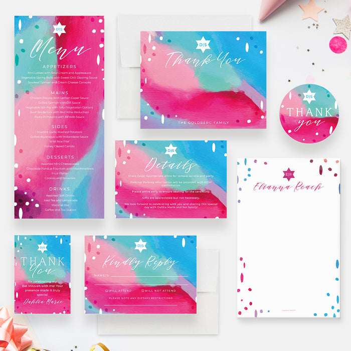 Artistic Bat Mitzvah Invitation in Blue Pink with Star of David