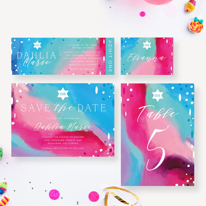 Artistic Bat Mitzvah Invitation in Blue Pink with Star of David