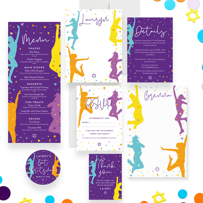 Colorful Dance Theme Bat Mitzvah Invitation Party Card