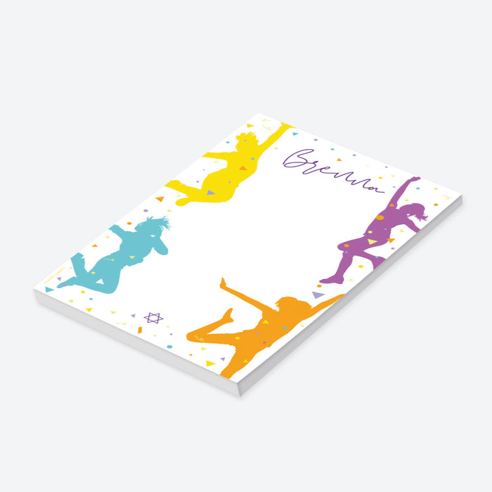 Bat Mitzvah notepad with colorful dancing girls, confetti, and Star of David, ideal as Jewish stationery gift or dance-themed party favor.-side
