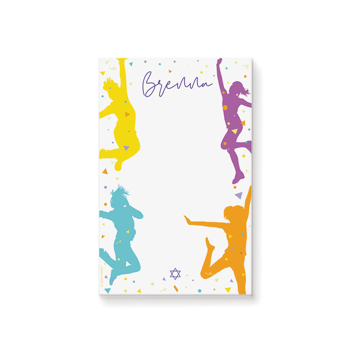 Bat Mitzvah notepad with colorful dancing girls, confetti, and Star of David, ideal as Jewish stationery gift or dance-themed party favor.