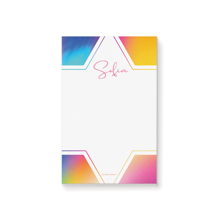 Personalized Jewish notepad with colorful gradient border and Star of David design for Bat Mitzvah gifts and Jewish stationery