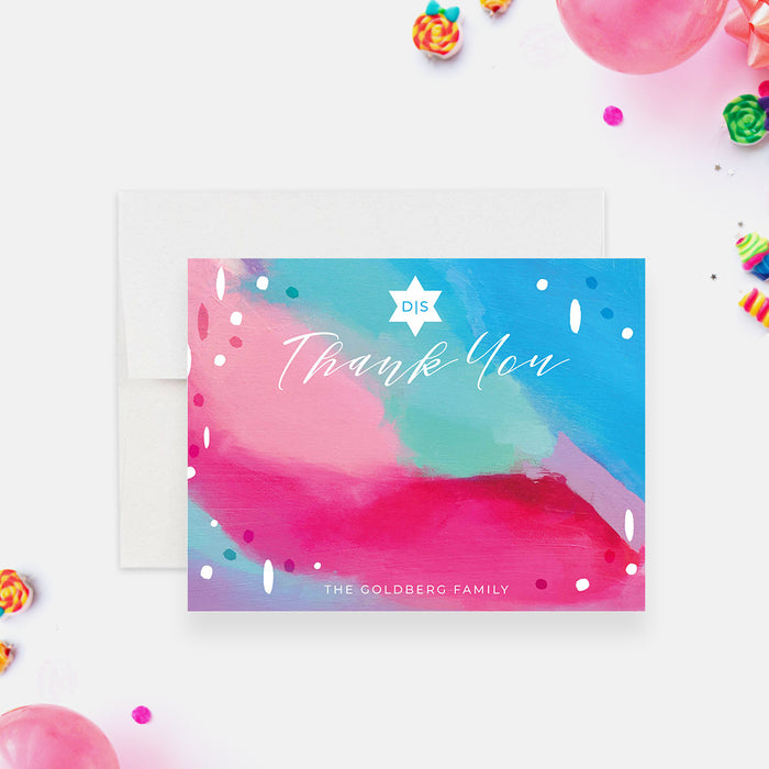 Artistic Bat Mitzvah Invitation in Blue Pink with Star of David