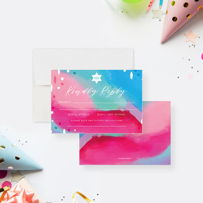 Artistic Bat Mitzvah Invitation in Blue Pink with Star of David