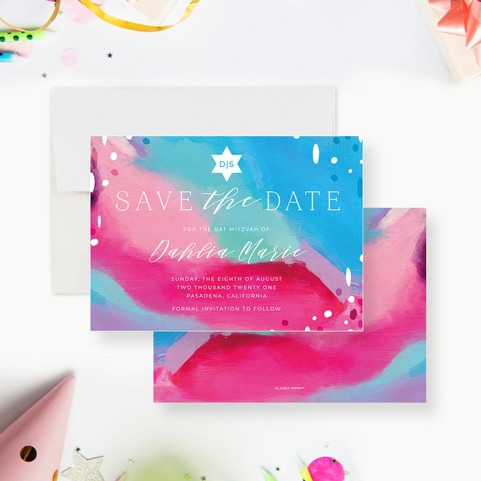 Colorful Bat Mitzvah save the date card with an artistic painterly background and Star of David design, customizable event details.-front-back