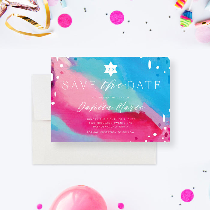 Artistic Bat Mitzvah Invitation in Blue Pink with Star of David
