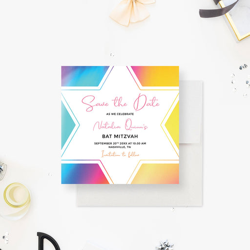 Colorful Bat Mitzvah save the date card with rainbow gradient background and Star of David design in modern Jewish style-front