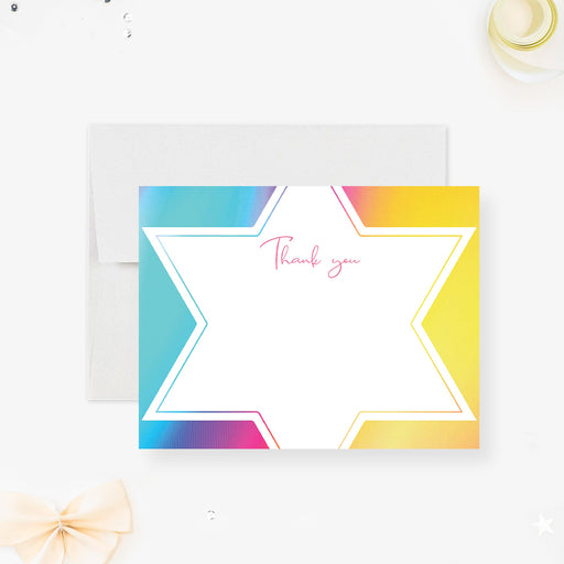Colorful Bat Mitzvah thank you card featuring the Star of David, perfect for Jewish celebrations and personalized stationery for girls.

