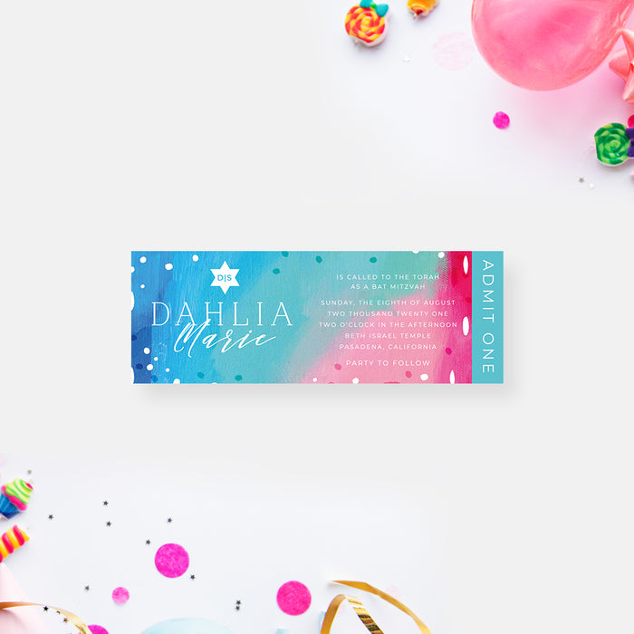 Artistic Bat Mitzvah Invitation in Blue Pink with Star of David