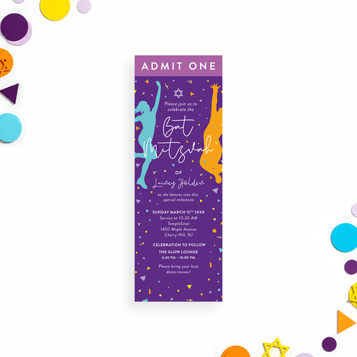 Colorful Bat Mitzvah ticket invitation with dancing silhouettes, confetti, and Star of David, ideal for Jewish dance-themed celebrations.
