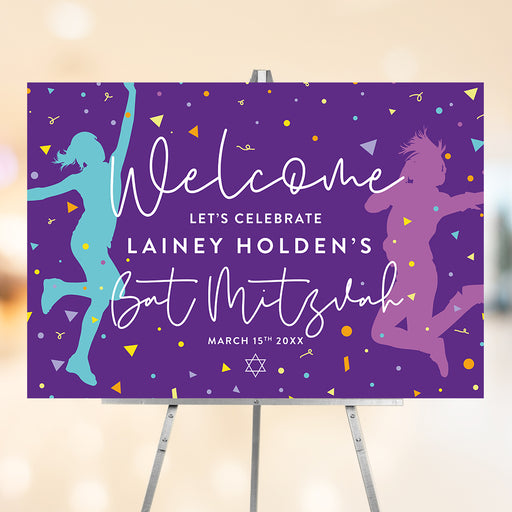 Colorful Bat Mitzvah welcome sign featuring dancing girl silhouettes, confetti, and Star of David, modern Jewish celebration decor.