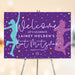 Colorful Bat Mitzvah welcome sign featuring dancing girl silhouettes, confetti, and Star of David, modern Jewish celebration decor.