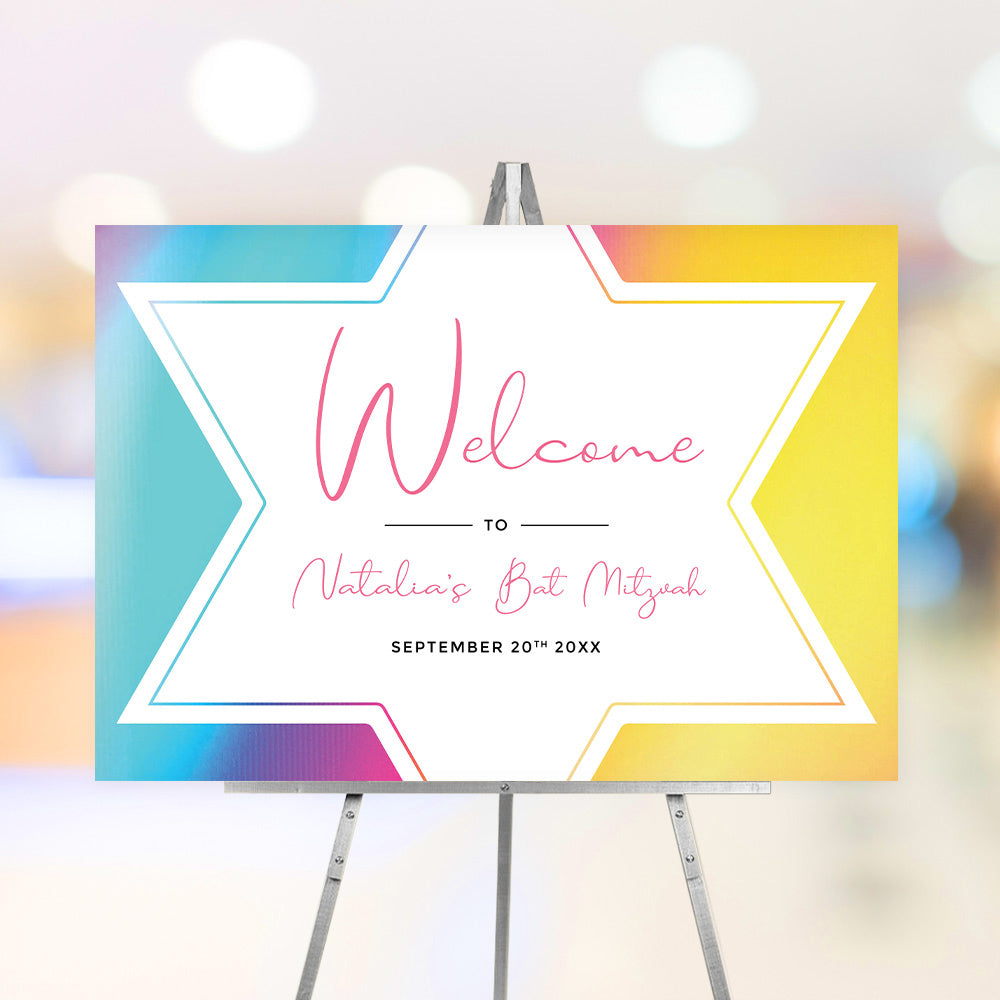 Colorful Bat Mitzvah Welcome Sign Star of David Personalized