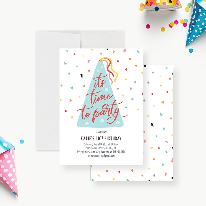Colorful birthday party invitation with pastel blue party hat and confetti-front-back