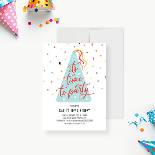Colorful birthday party invitation with pastel blue party hat and confetti-front