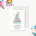 Colorful birthday party invitation with pastel blue party hat and confetti-front