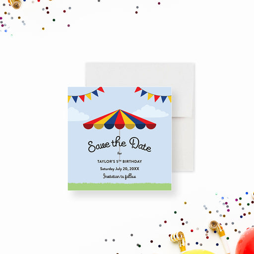 Hot dog birthday save the date card featuring a striped umbrella and festive bunting in a bright outdoor party setting-front