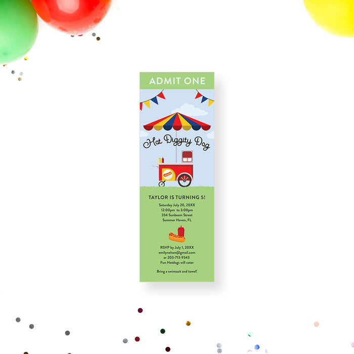 Hot dog birthday ticket invitation featuring a colorful food cart with bunting in a fun admit one party design.