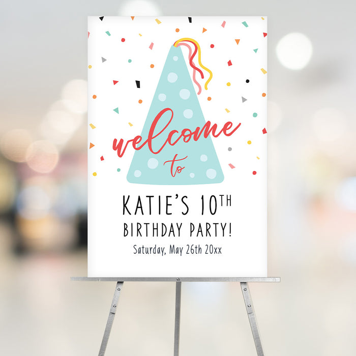 Colorful birthday party welcome sign with party hat and confetti