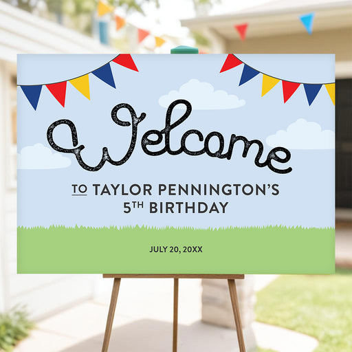 Hot dog birthday welcome sign featuring colorful bunting flags and playful lettering for a kids party entrance display.