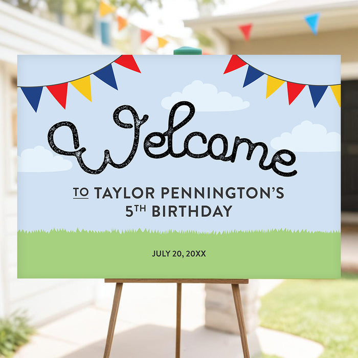 Hot dog birthday welcome sign featuring colorful bunting flags and playful lettering for a kids party entrance display.
