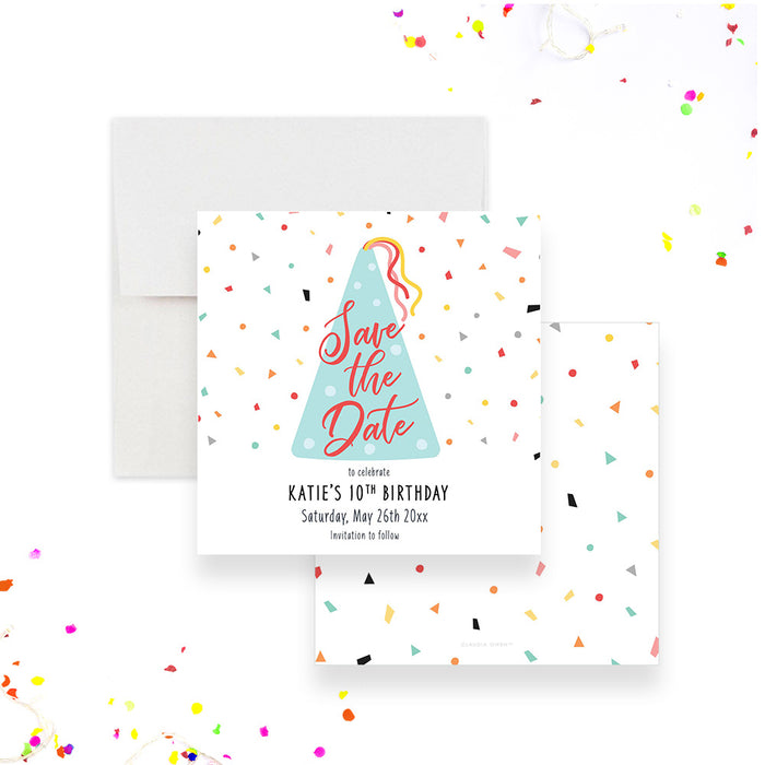 Colorful birthday save the date card with pastel blue party hat and confetti-front-back