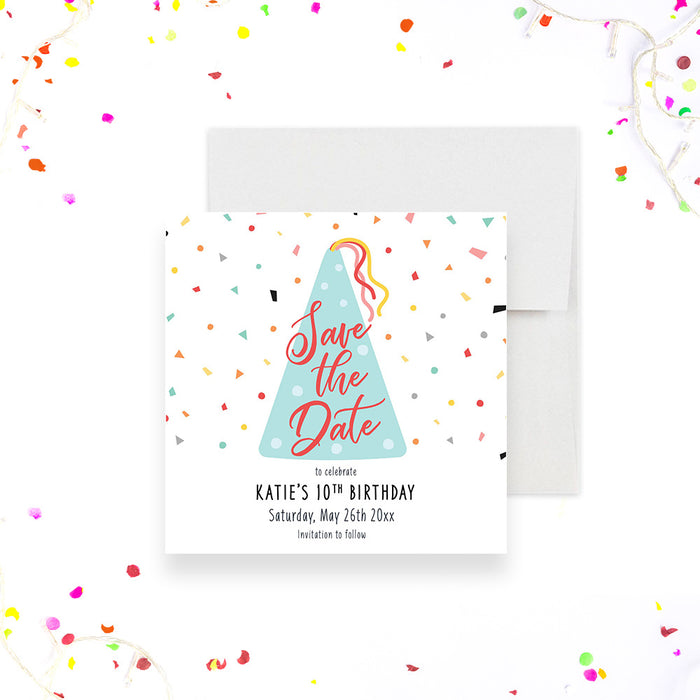 Colorful birthday save the date card with pastel blue party hat and confetti-front