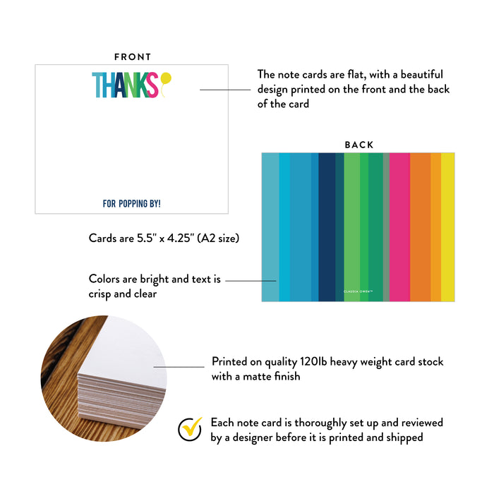 Front and back of colorful birthday thank you cards for kids with A2 size and matte cardstock details.