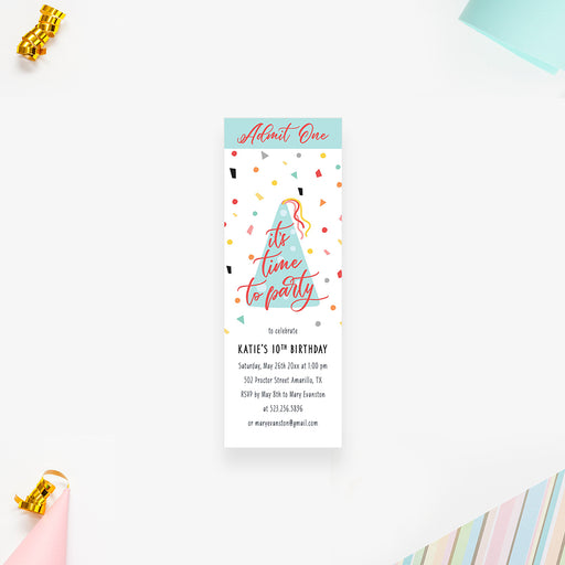 Colorful birthday ticket invitation with party hat and confetti
