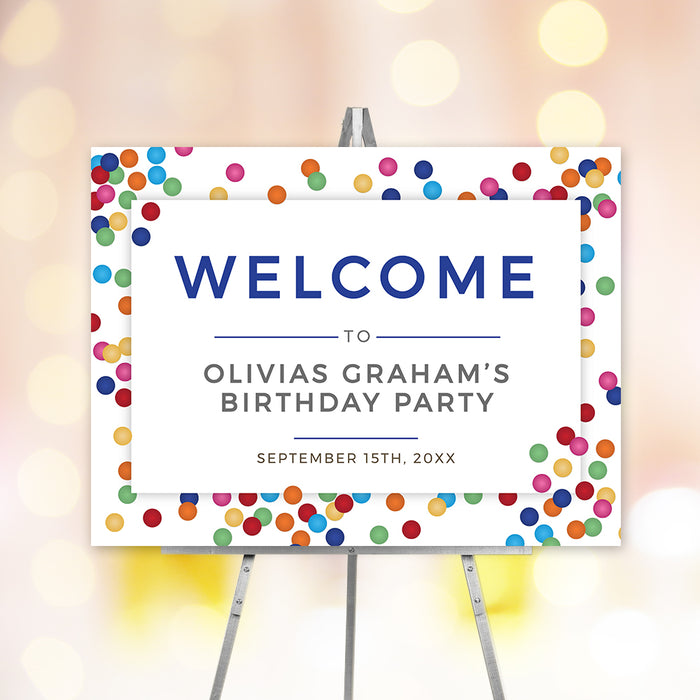 Colorful confetti birthday welcome sign digital template for birthday party entrance decor