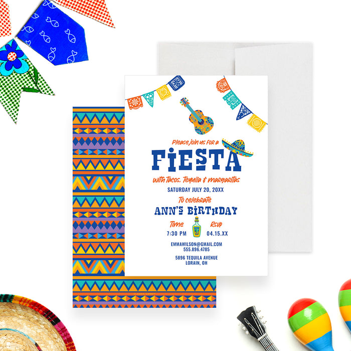 colorful Mexican fiesta birthday invitation with papel picado banners, tequila bottle, guitar, sombrero, and bold party lettering-front-back