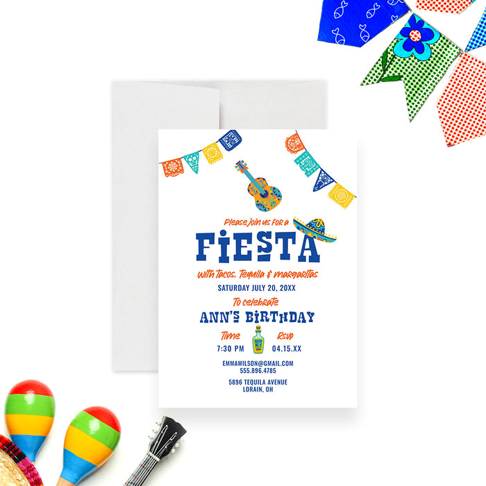 colorful Mexican fiesta birthday invitation with papel picado banners, tequila bottle, guitar, sombrero, and bold party lettering-front