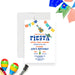 colorful Mexican fiesta birthday invitation with papel picado banners, tequila bottle, guitar, sombrero, and bold party lettering-front