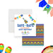 colorful Mexican fiesta birthday save the date card with papel picado banners, tequila bottle, guitar, sombrero, and bold party lettering-front-back