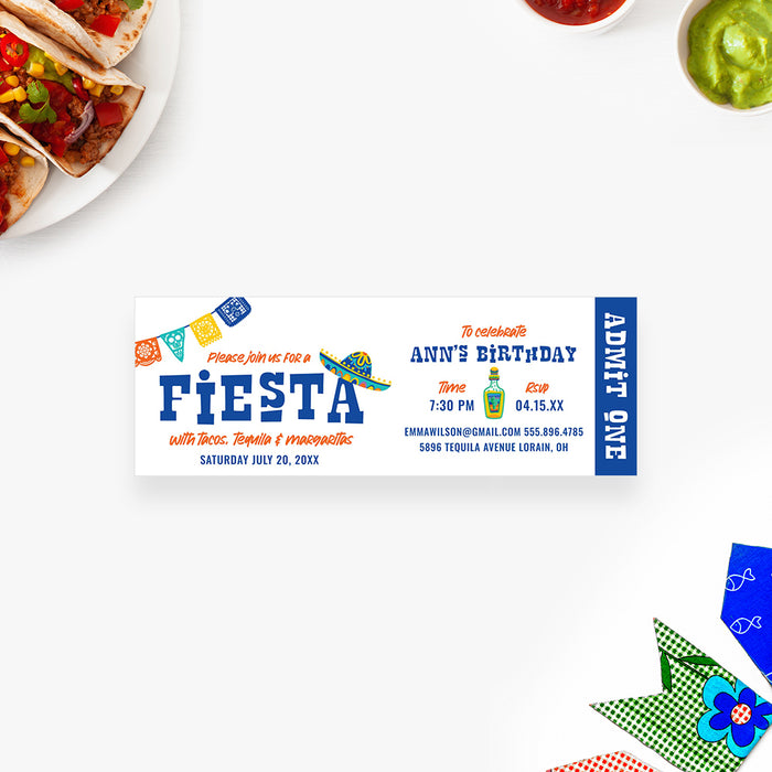 fiesta birthday ticket invitation with colorful Mexican-inspired design, papel picado banners, sombrero, and tequila bottle.