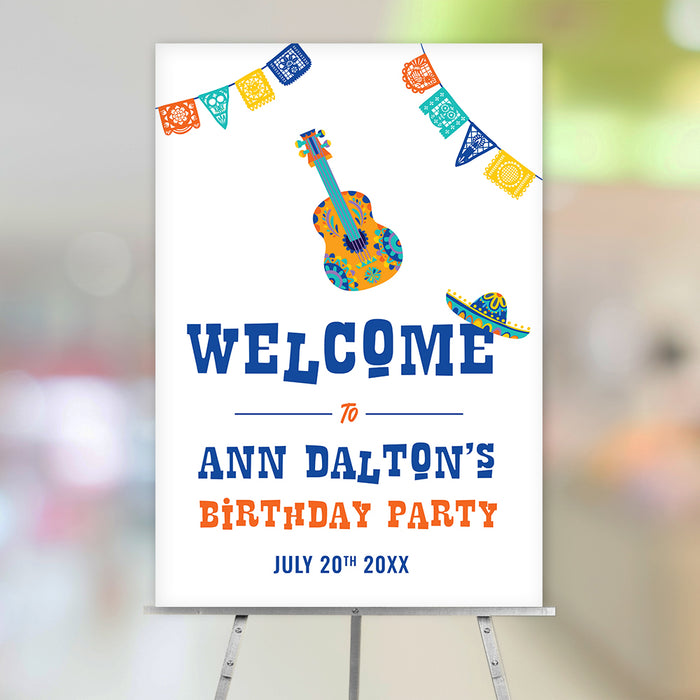 fiesta birthday welcome sign with colorful papel picado banners, guitar illustration, sombrero accents, and bold party lettering