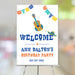 fiesta birthday welcome sign with colorful papel picado banners, guitar illustration, sombrero accents, and bold party lettering