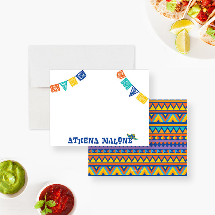 personalized fiesta note card with colorful papel picado banners, sombrero illustration, and custom name-front-back
